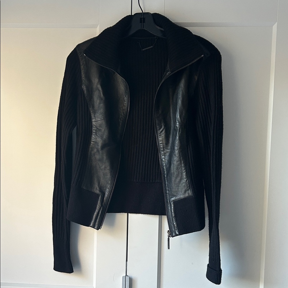 Elie Tahari Leather and Wool Black Leather Jacket/Sweater, Women’s Small